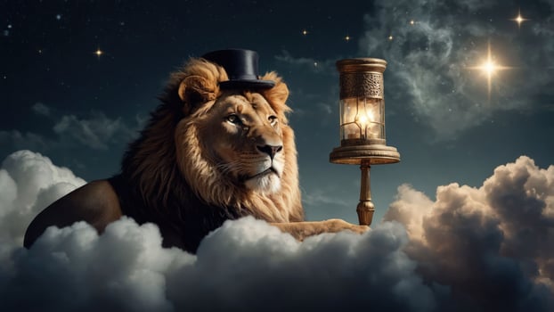 A lion in a top hat sits on clouds, holding a lantern against a starry night backdrop. photo