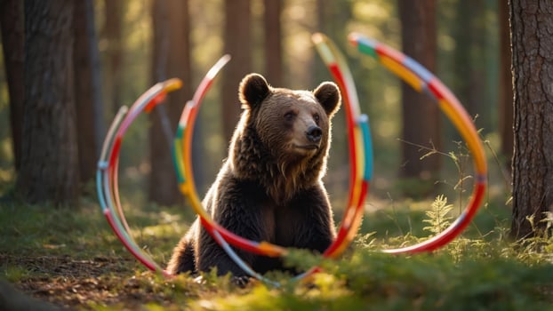 A bear sits in a forest surrounded by colorful hoops, evoking a whimsical atmosphere. photo