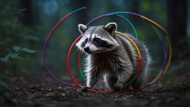 A raccoon plays with colorful hoops in a forest setting. photo