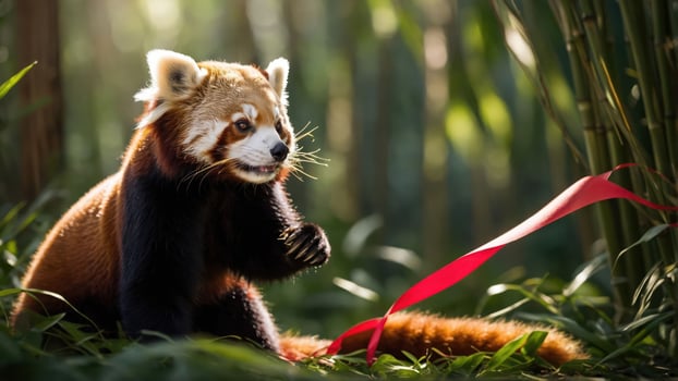 A red panda playfully interacting with a red ribbon in a lush bamboo forest. photo