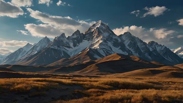 An Awe-Inspiring Scene of Mountains with Lush Yellow Vegetation in the Foreground, Bringing Together Vibrant Colors and Natural Grandeur photo