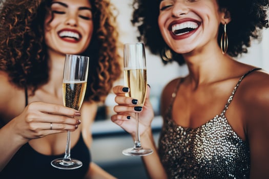 Two women holding champagne flutes photo