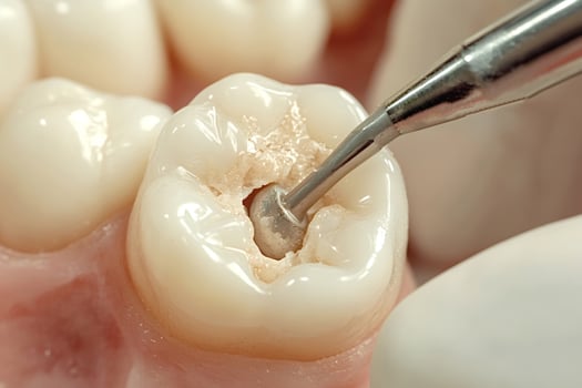 Dentist using dental instruments restoring a decayed tooth photo