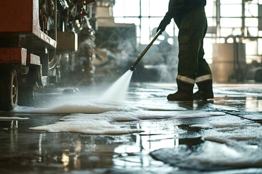 Industrial cleaning services removing dirt and grease with high pressure washer photo