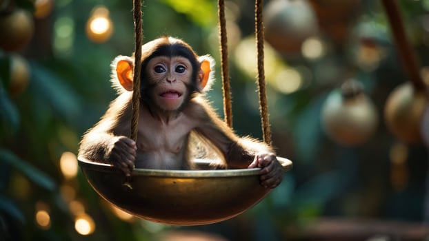 A young monkey sitting in a hanging bowl amidst a lush, vibrant environment. photo