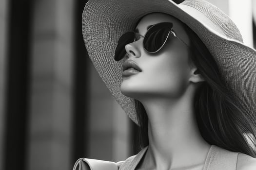 Black and white photo of a woman wearing a hat and sunglasses