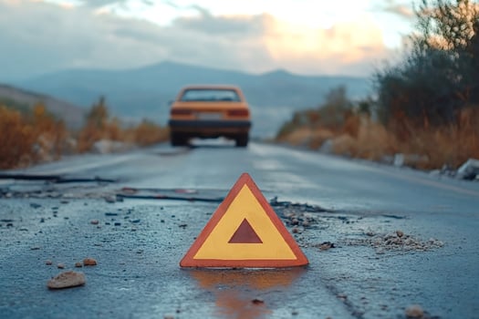 Warning triangle sign on damaged asphalt road with blurry car in background photo