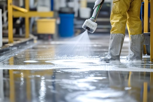 Industrial cleaning services employee disinfecting floor with pressure washer photo