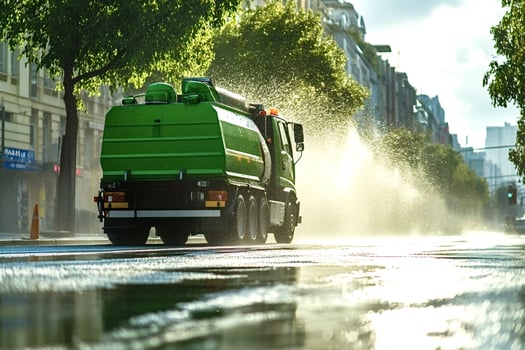 Street cleaning truck spraying water on city asphalt road photo