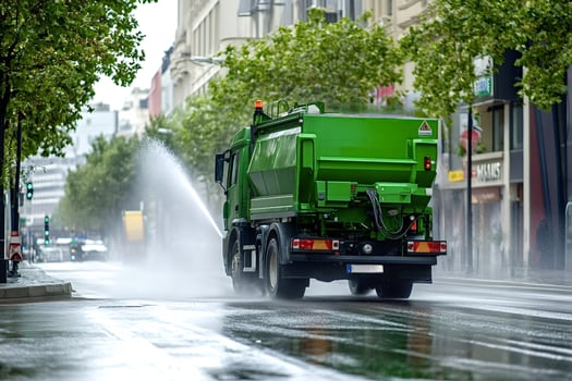 Street cleaning truck washing city asphalt road on a cloudy day photo