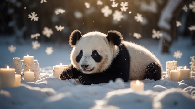 A panda resting in a snowy landscape with candles and snowflakes falling around. photo