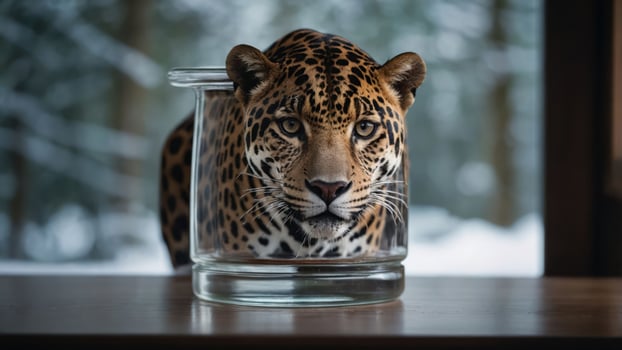A jaguar's head emerges from a glass jar, creating a surreal and striking visual effect. photo