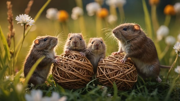 Four adorable hamsters play with woven nests in a sunny flower-filled meadow. photo