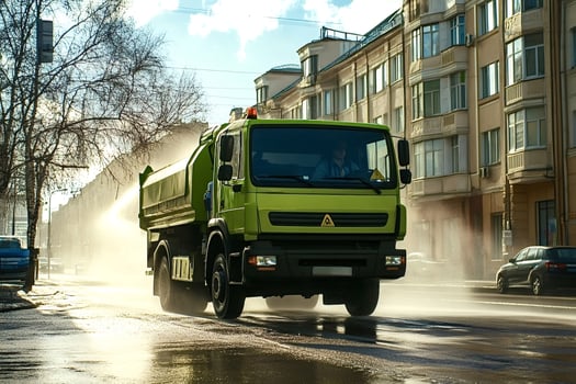 Street cleaning truck washing road in sunny city photo
