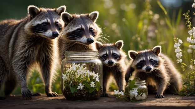 A family of raccoons curiously examines a jar filled with flowers in a natural setting. photo