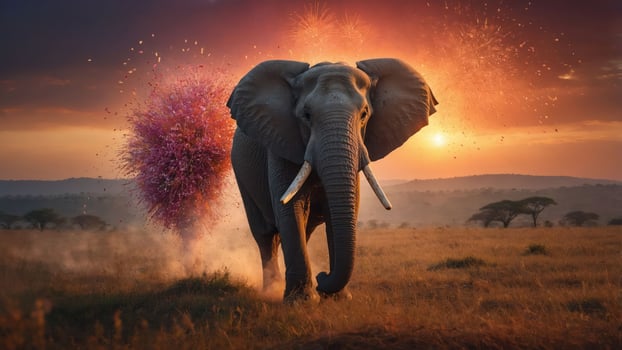 An elephant walking through a vibrant landscape with fireworks and colorful flowers. photo