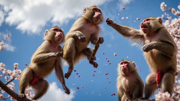 Four monkeys playfully interacting in a tree with cherry blossoms in the background. photo