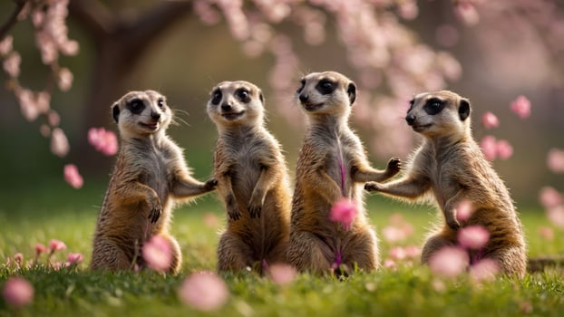 Four meerkats standing together in a flower-filled meadow. photo