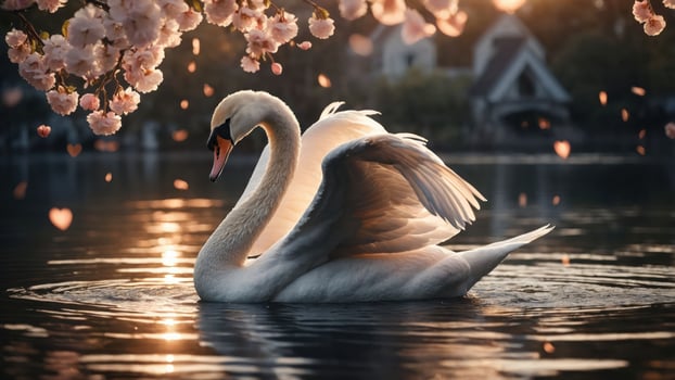 A serene swan glides through a tranquil lake, surrounded by cherry blossoms at sunset. photo