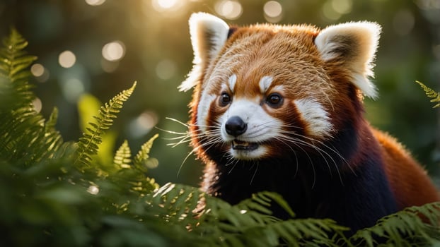 A close-up of a red panda amidst green ferns, showcasing its playful expression and vibrant fur. photo