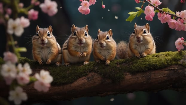 Four chipmunks sitting on a mossy branch surrounded by cherry blossoms. photo
