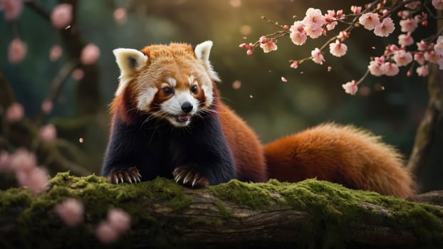 A red panda resting on a mossy branch surrounded by cherry blossoms in a serene forest. photo