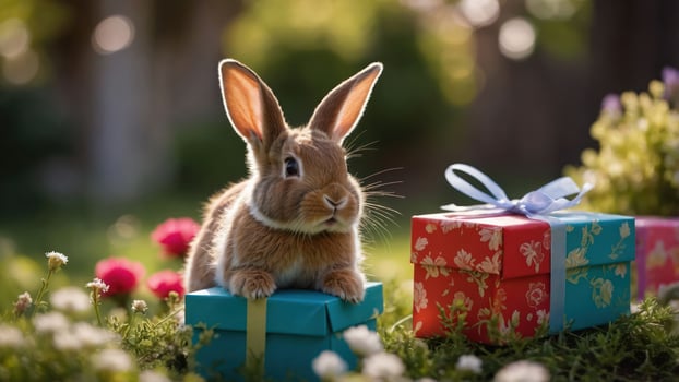 A cute rabbit sits on colorful gift boxes in a vibrant garden setting. photo