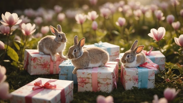 Three cute rabbits on beautifully wrapped gifts surrounded by blooming flowers. photo