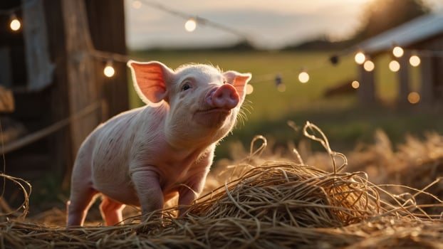 A cute piglet stands on straw, surrounded by soft lighting and a serene outdoor setting. photo