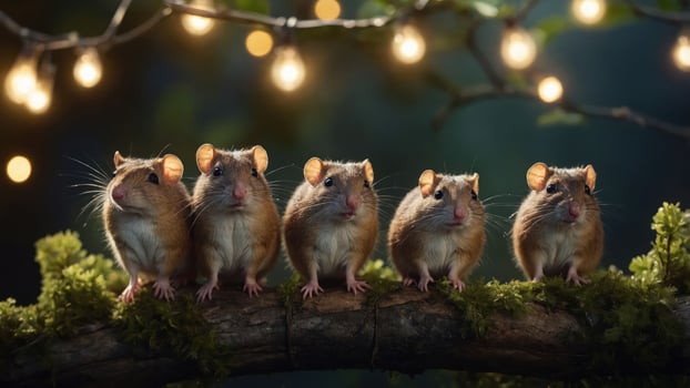 Five adorable mice perched on a branch with fairy lights, creating a whimsical atmosphere. photo