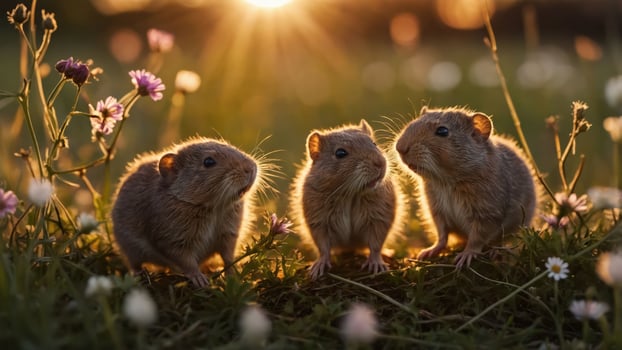 Three small rodents sit among flowers, illuminated by a warm sunset glow. photo