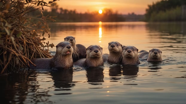 A group of otters swimming together at sunset in a serene natural setting. photo