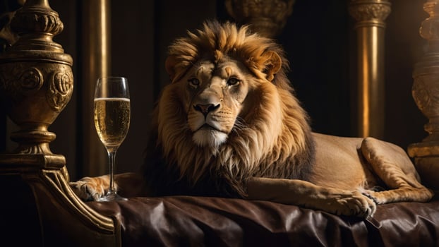 A regal lion lounges elegantly with a glass of champagne beside it. photo