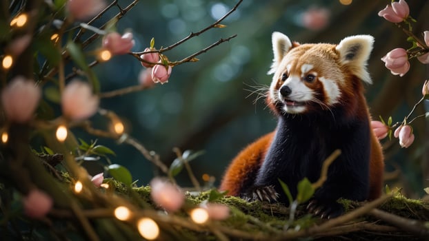 A red panda resting among blossoms and lights in a serene forest setting. photo