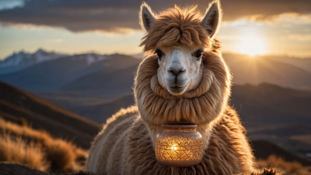A fluffy alpaca with a decorative lantern against a sunset backdrop in a mountainous landscape. photo