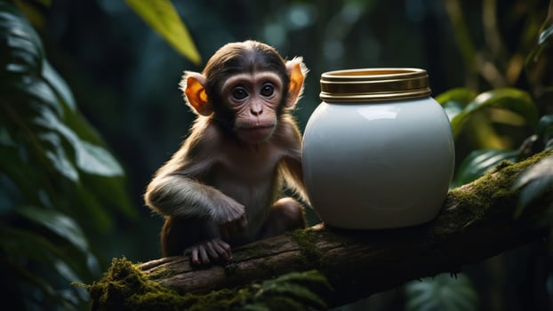 A young monkey sits beside a jar in a lush, green forest setting. photo