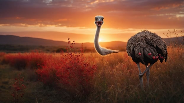 An ostrich stands in a vibrant sunset landscape, surrounded by colorful grasses. photo