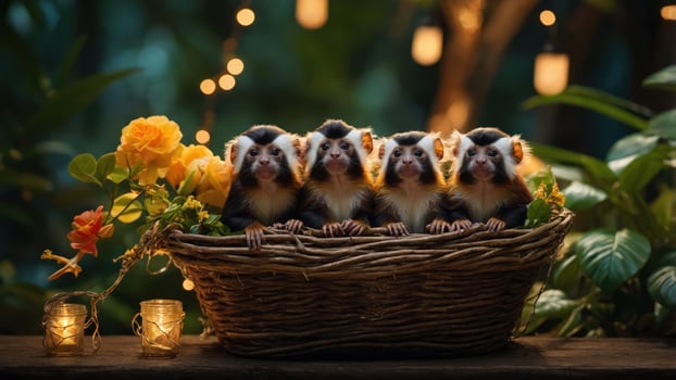 A charming scene featuring four marmosets in a basket surrounded by flowers and soft lighting. photo