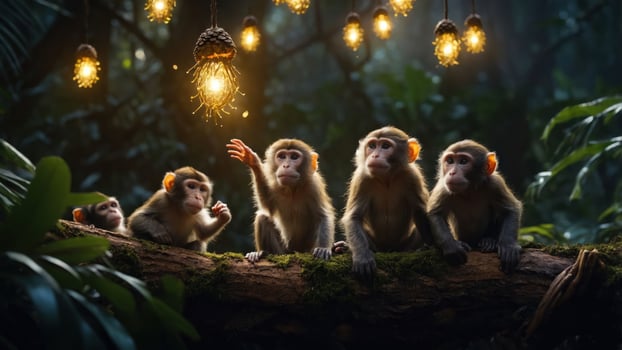 Five monkeys sitting on a log in a lush jungle, illuminated by hanging lights. photo