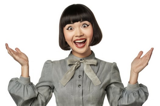 Excited woman with short hair and vintage dress expressing surprise photo