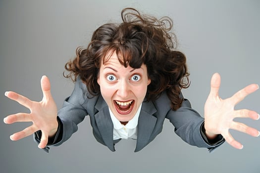 Excited woman reaching up with wide eyes and curly hair in gray suit photo