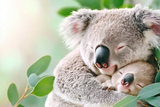 Koala and joey embrace on eucalyptus branch under bright sky in soft natural light photo