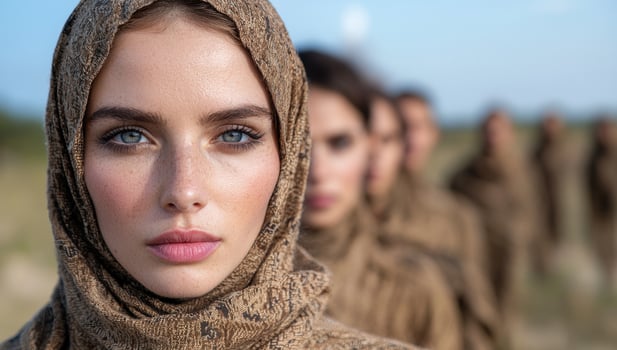 Close up portrait of a woman wearing a headscarf, looking directly at the camera photo