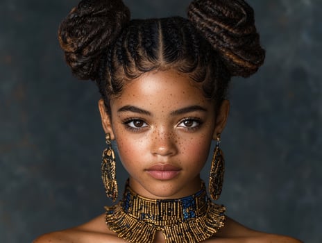 Portrait of a young woman with freckles and braided hair wearing gold jewelry photo