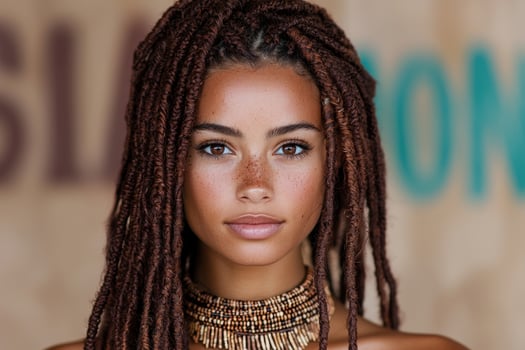 Close up portrait of a young woman with long brown braids and a beaded necklace photo