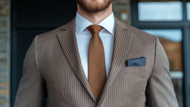 Close up of a man in a brown pinstripe suit and brown tie photo