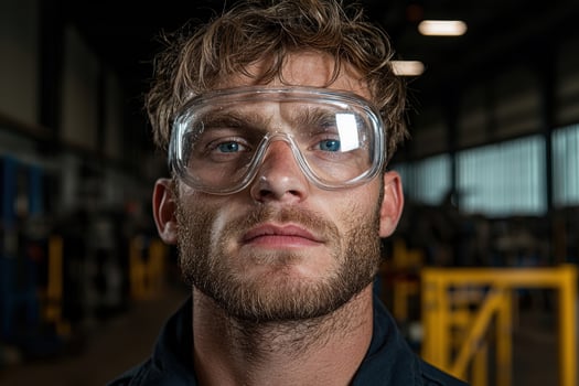 Close up portrait of a focused male factory worker wearing safety glasses photo