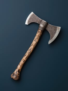 Ornate Viking Axe with Wooden Handle on Dark Background photo