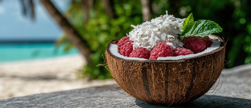 Delicious raspberry coconut bowl on tropical beach photo