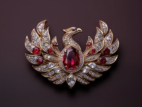 Luxury ruby and diamond phoenix brooch. photo